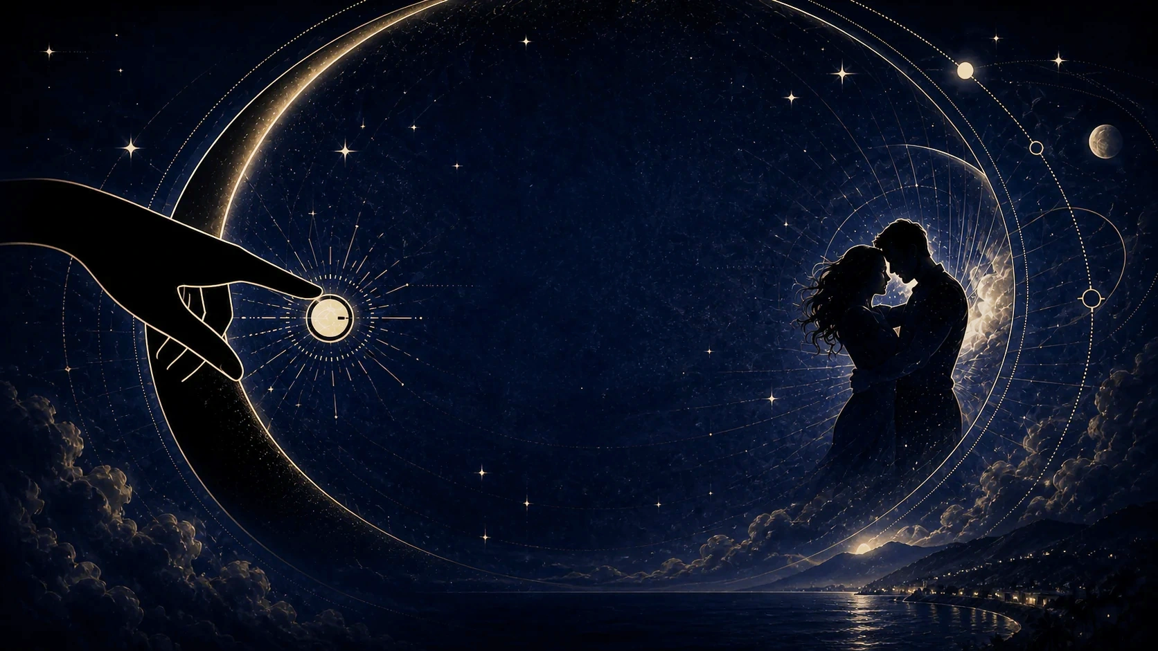 Dancing couple framed by celestial orbits