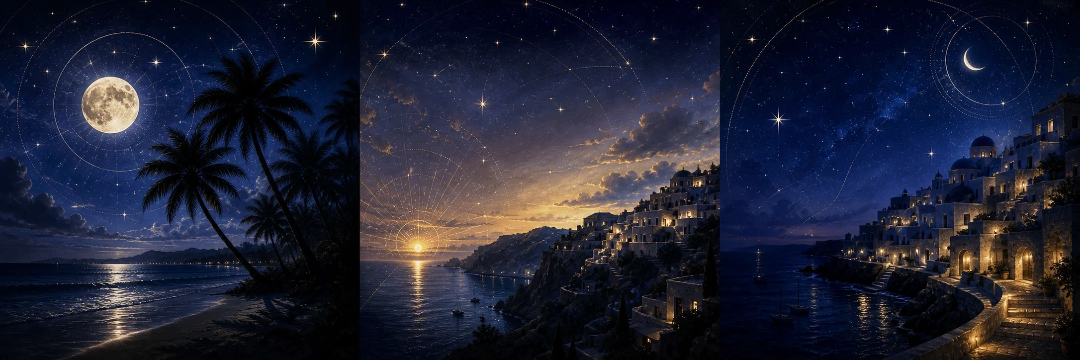 Moonlit coastal destination under the stars